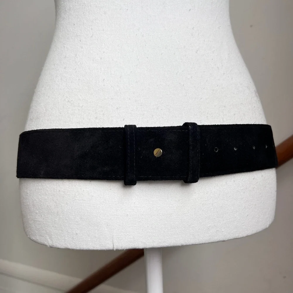 Vintage 80s Statement Belt Black Suede Leather Gold Ornate Buckle Wide Thick